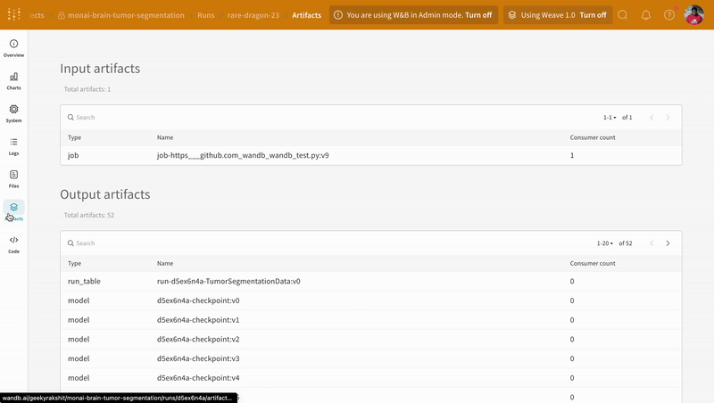 An example of model checkpoints logging and versioning on W&amp;B.